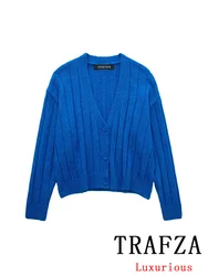 TRAFZA Vintage Casual Chic Women Sweater Solid V-Neck Ribbed Long Sleeve Knitted Pullovers New Fashion 2024 Autumn Sweaters