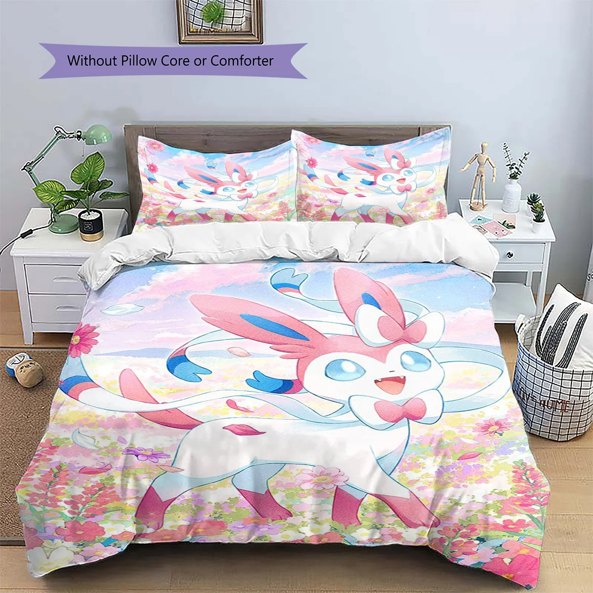 Sylveon Patterned Pillowcase & Duvet Cover Set Anime Culture Pattern Bedding for Bedroom Decor Best Gift for Enthusiasts.-TING