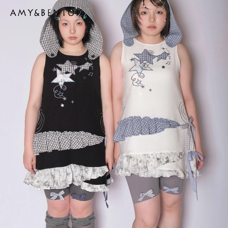 

Original Design Plaid Splicing Hooded Women's Sleeveless Dress New Star Printing Embroidery Cute Age-reducing Dresses Ladies