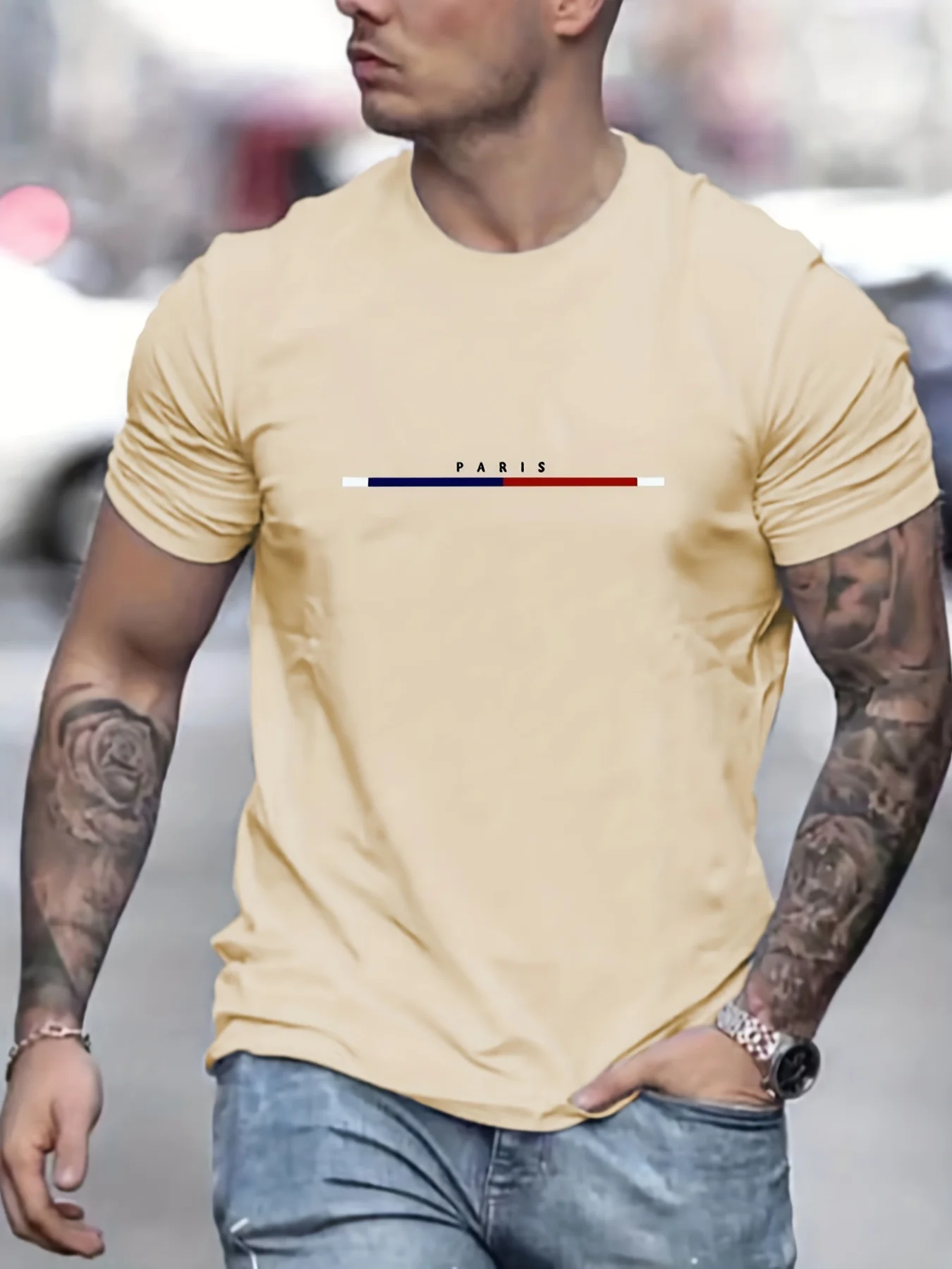 Men's 100% pure cotton casual fashionable loose plus size Paris letter printed round neck short sleeved T-shirt top image 4