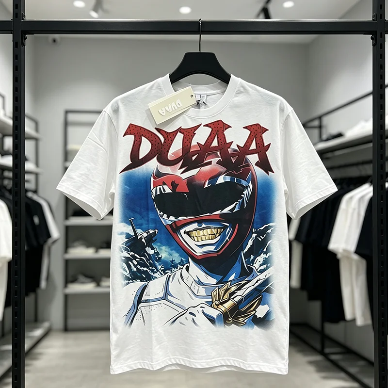 DUAA Men Women White Distressed Washed Short Sleeve T‑Shirt Mecha Hero Rhinestone Letter Anime Large Print Loose Casual Tee