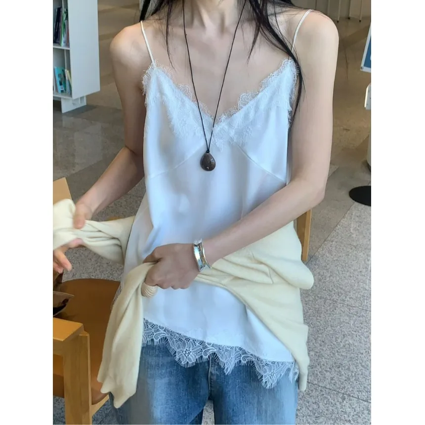 Summer New Irregular Lace Overlap Outerwear Strap Tops Casual Style Woven Fabric Women's Vest Tops No Chest Pad Regular Length