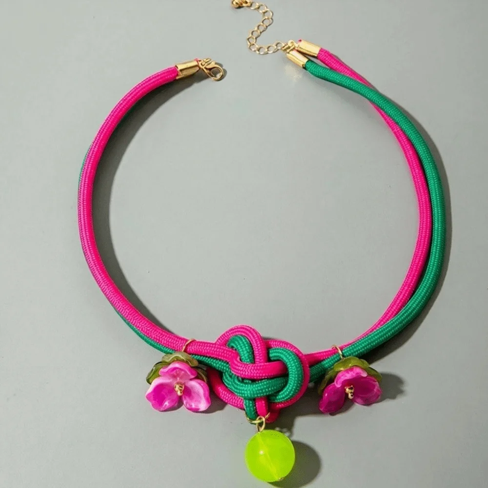 Exaggerated Bow Pearl Knotted Design Necklace Leaves Starfish Scallops Colorful Drawstring Pendant Trendy Chunky