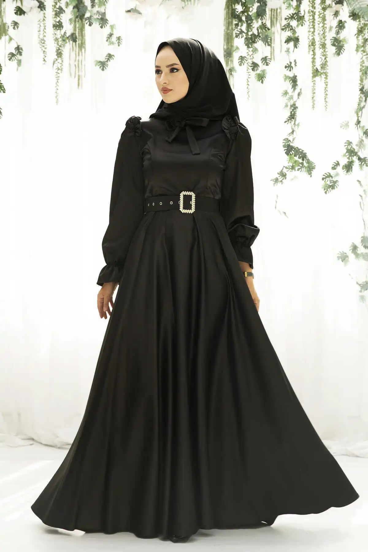 Kemerli Satin Evening Dress Black