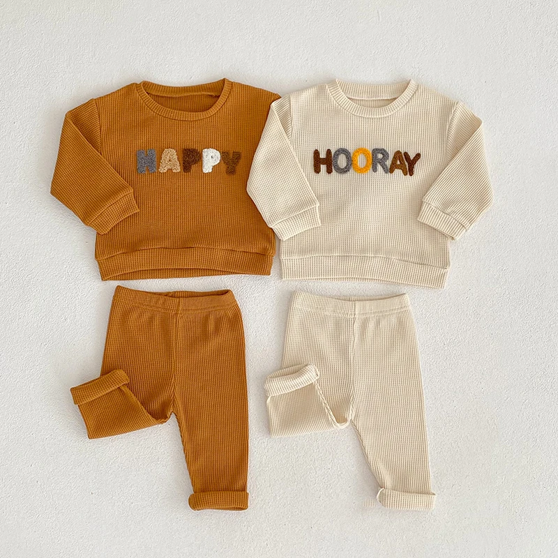 0-5Yrs Baby Boy Girl Clothes Set Waffle Kids Letter Set Newborn Infant Autumn Spring Outfits Rainbow Tops Pants Casual Clothing