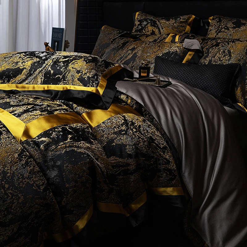 4/7Pcs Luxury Black Gold Jacquard Cotton Sateen Bedding Set Double Queen King Duvet Cover Set Fitted Sheet Bedspread Pillowcases