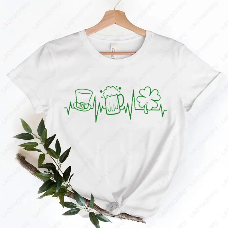 St Patricks Day Heartbeat Tshirt Beer Shamrock Graphic Tops Funny Saint Patricks Shirt Fashion Unisex Cotton Short-sleeve Tees