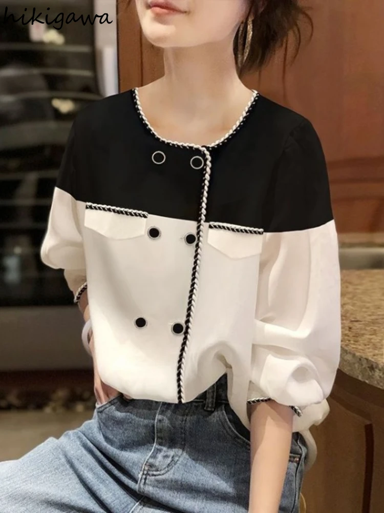 2024 Blusas Mujer De Moda Summer Blouse Women's Clothing Contrast Color Lantern Sleeve Shirts Double-breasted Loose Blouses Tops