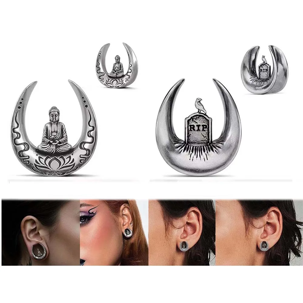 2 Pcs Skeleton Hand Tombstone Cross U-Shaped Ear Holes Copper Ear Plugs 0g-5/8 InchBody Jewelry