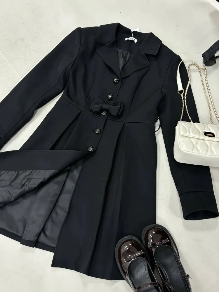 French Vintage Elegant Black Trench Coat Women New Single-breaste Fashion Retro Autumn Coat Aesthetic Slim High Street Clothing
