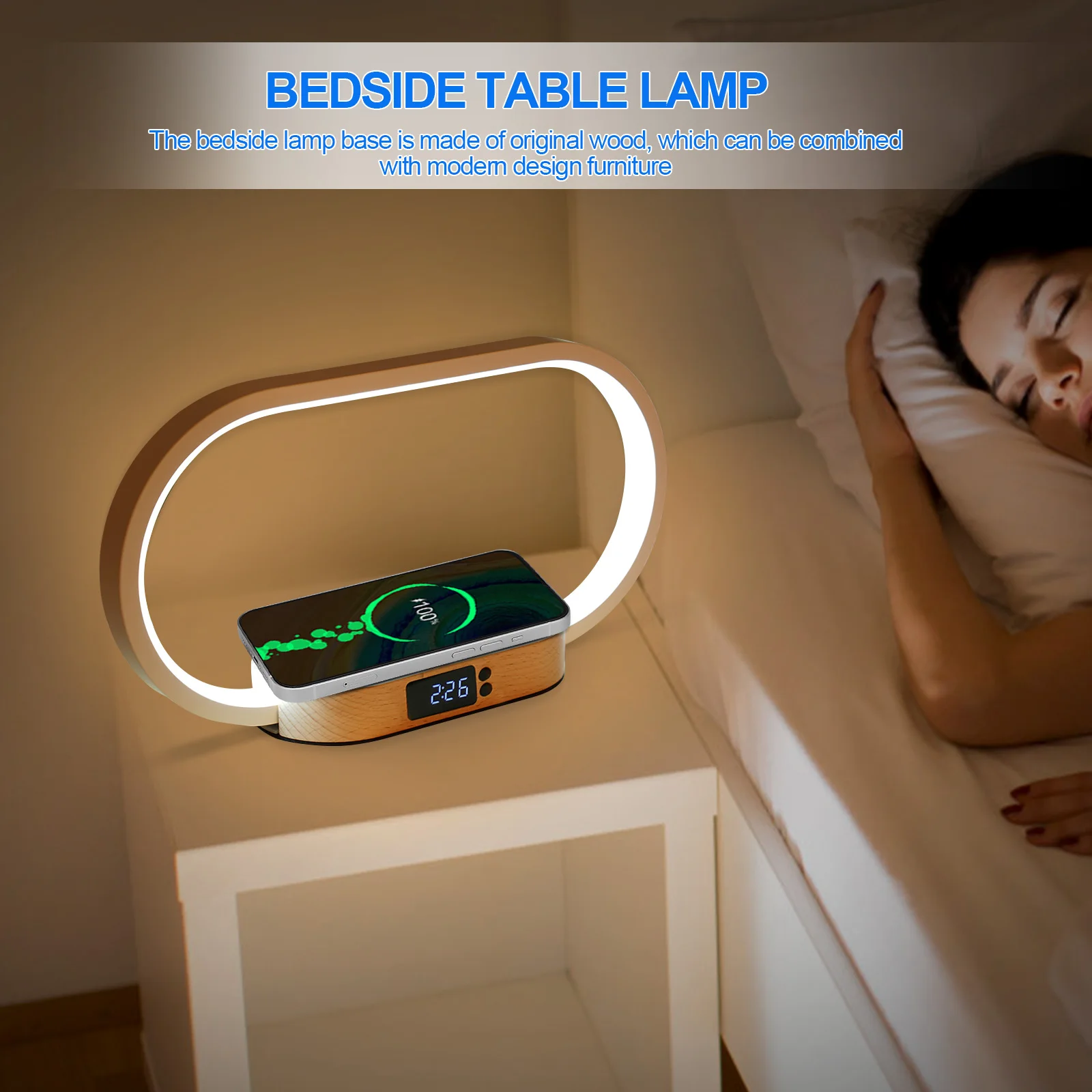 ไฟ LED นาฬิกาปลุกที่ชาร์จแบบไร้สายตั้งโต๊ะชาร์จได้เร็วตั้งโต๊ะโคมไฟเพดาน LED อ่านหนังสือข้างเตียงอ่านหนังสืออ่านหนังสือในห้องนอนแบบสัมผัส