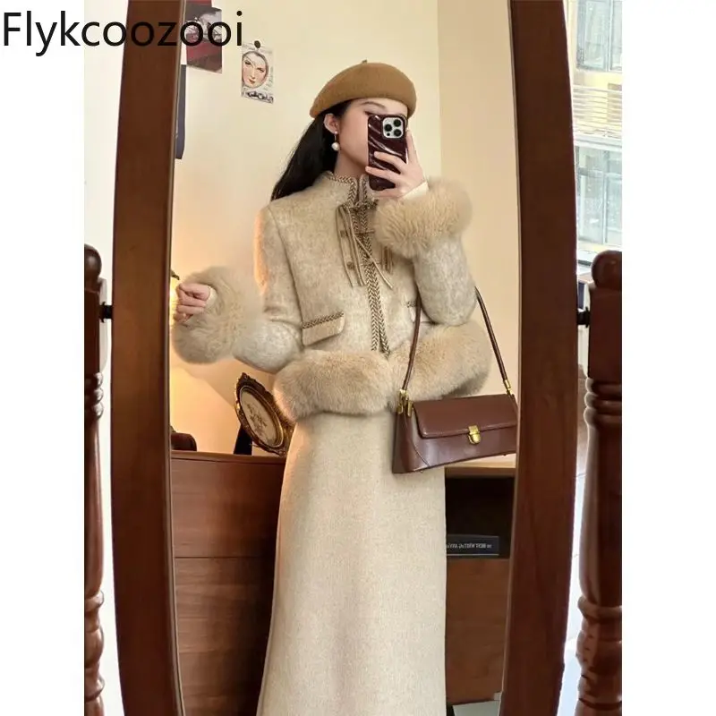 

New Autumn and Winter Hot Sale New Chinese Style Girl Suit Skirt Female Woolen Coat Skirt Two-piece Set Ensembles De Jupes