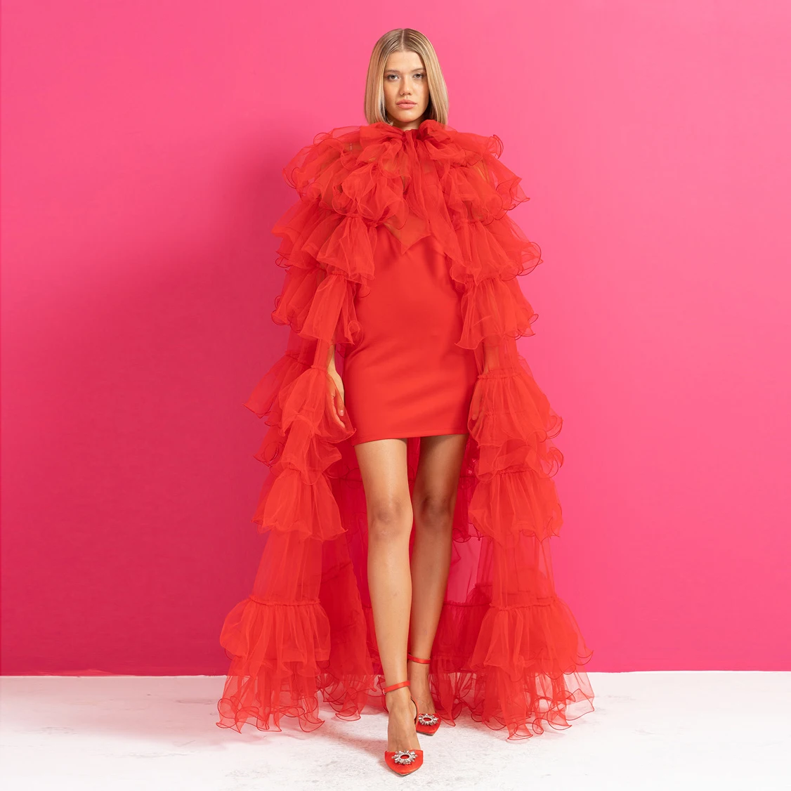 Newest Red Fluffy Tiered Tulle Long Women Cape Floor Length See Thru Tulle Female Cloak Custom Made Outfit Outwear