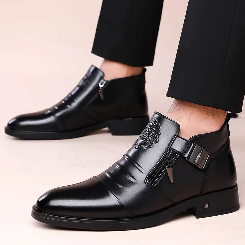 Men's Pointed Toe Dress Shoes Double Side Zippers Business Casual Low Top Boots Comfortable Formal Leather Shoes for Work Office image 4