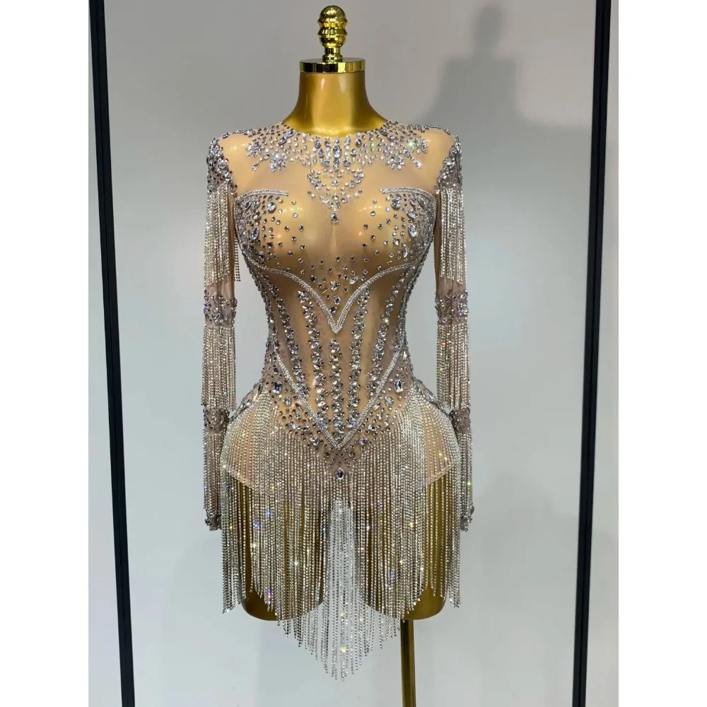 Women Sexy Mesh See Through Sparkly Rhinestone Bodysuit Performance Dance Singer Stage Wear