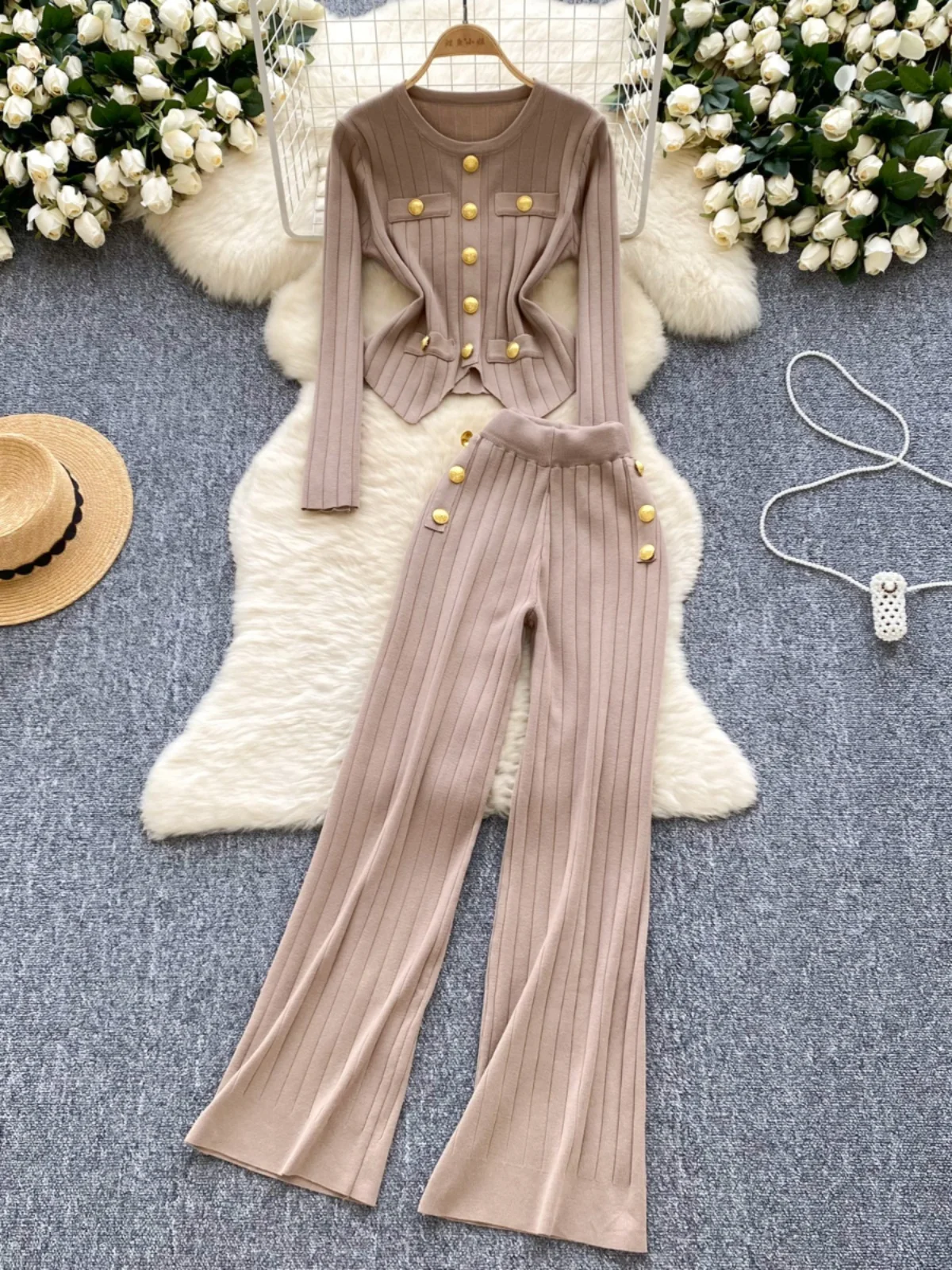 Elegant Women Long Pant Suit Gold Button O-Neck Slim Long Sleeve Knitwear+High Waist Wide Leg Pant 2 Pieces Set