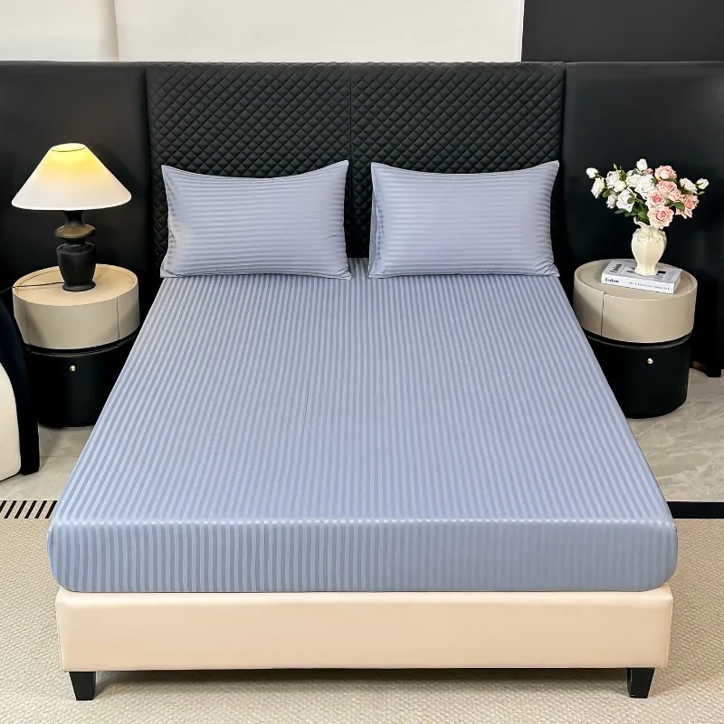 1 Pc Satin Striped Fitted Sheet, Stylish Mattress Protector, Elastic Band Design Sizes 90/137/153/183/198 Home and Hotel Bedding