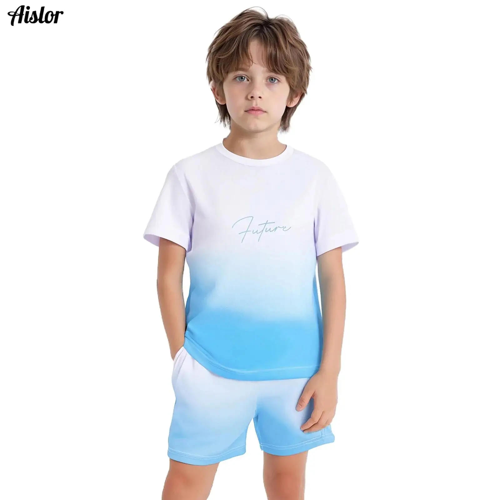 

Kids Boys Sports Set Summer Quick-Drying Athletic Outfit Letter Print Gradient Short Sleeve T-shirt+Drawstring Waist Shorts 2Pcs