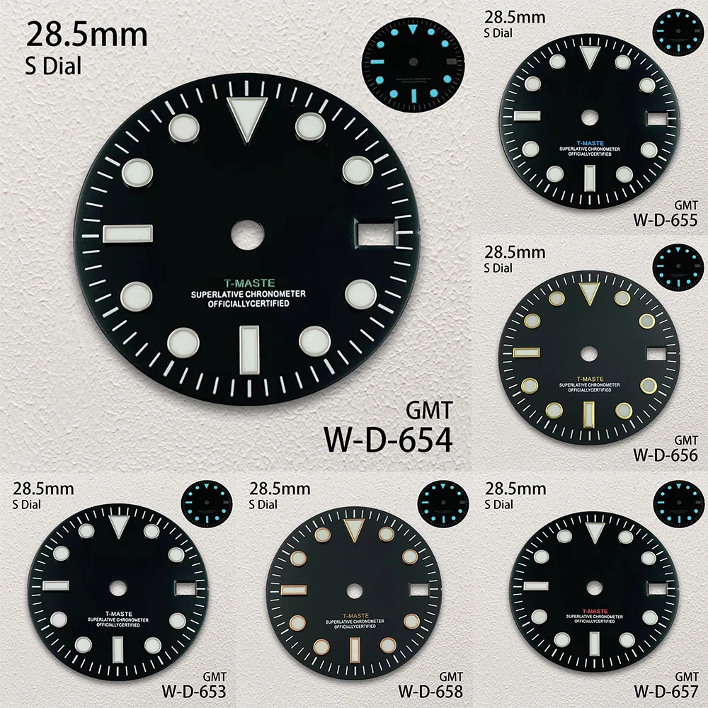 

28.5mm S Logo Black GMT Matte Dial Fit NH34 Movement Ice Blue Luminous Watch Modification Accessories
