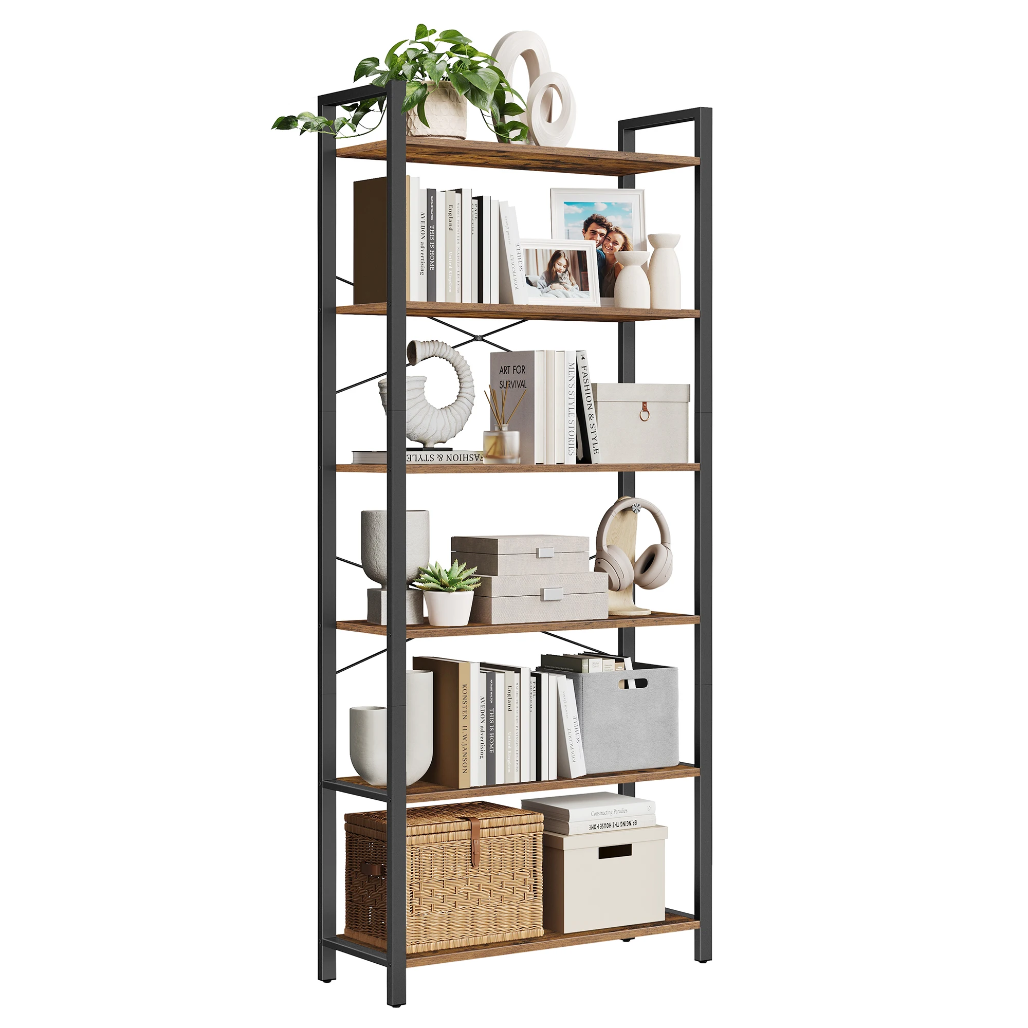 VASAGLE 6-Tier Tall Bookshelf, Large Bookcase. Steel Frame. Living Room, Bedroom, Home Office, Study. 30x80x186 cm. Industrial