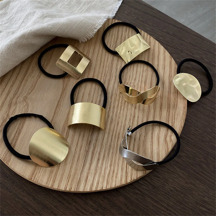 

2024 New Korean Simple Metal Fashion Elastic Hair Bands Geometric Hollow Gold Headwear Hair Rope Ties Women Hair Accessories