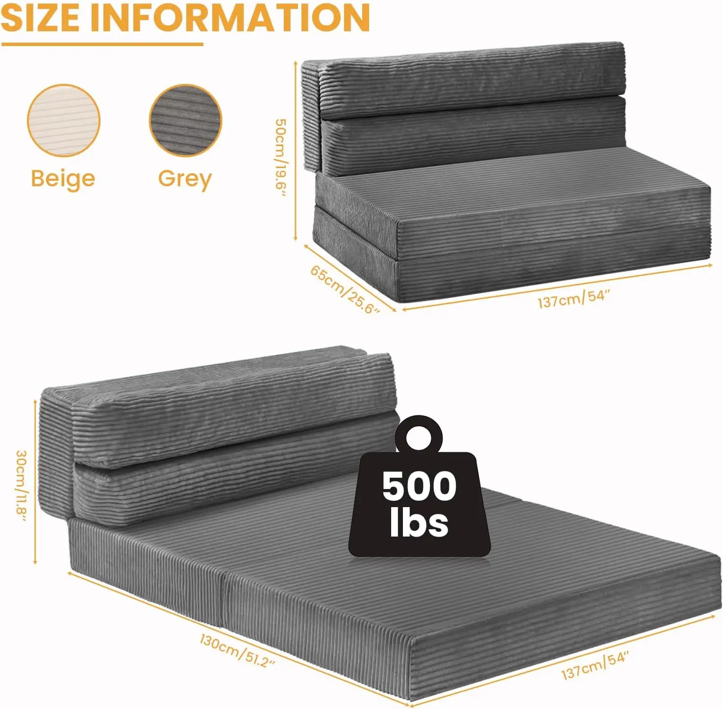 Full Size Folding Mattress, 54-Inch Convertible Sofa Bed, 3-in-1 Foldable Floor Couch for Living Room or Guest Room