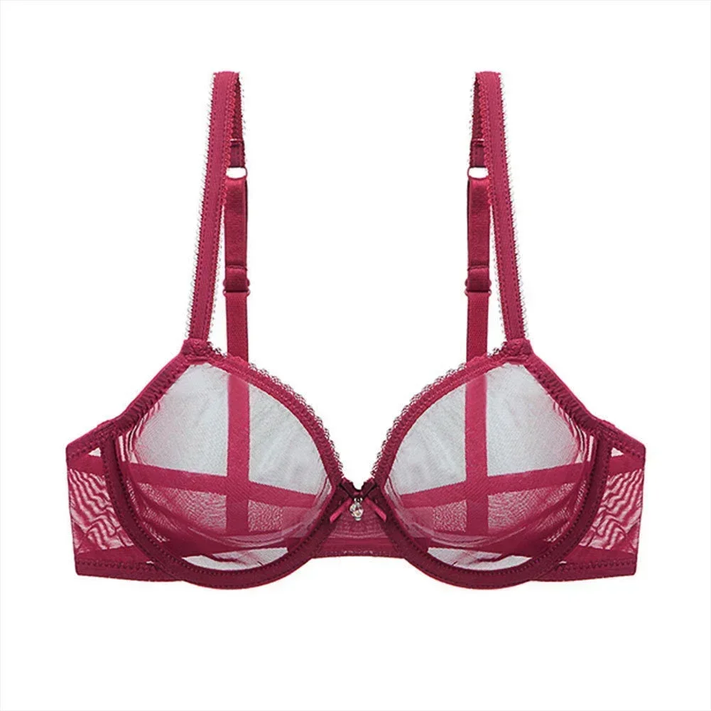 New Red Transparent Bras For Women Plus Size Sexy Lingerie Push Up Lace Mesh Girls Bra Top See Through White Black 40 42 A B C D image 4