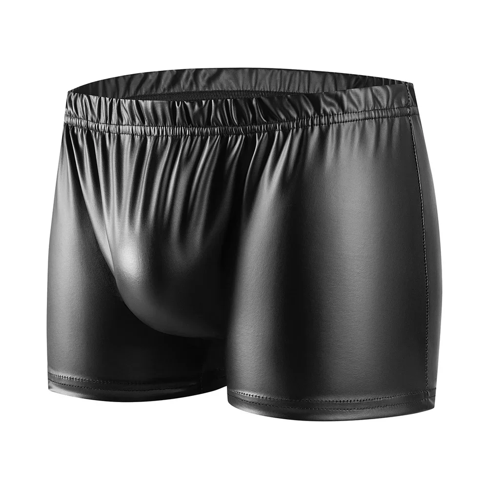 Men Black Faux Leather Boxer Shorts Summer Sexy Underwear Hot Leather Boxers Short Pants Male Big Bulge Pouch Underpants Panties