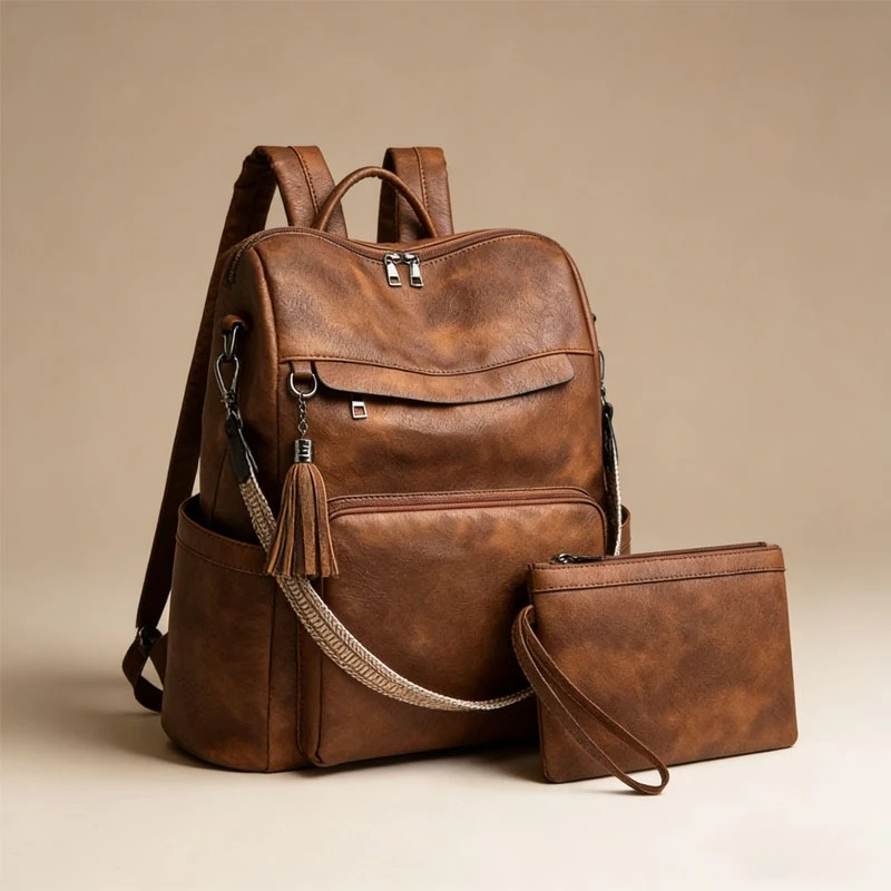 PU Leather Women's Backpacks Designer Bagpack with Tassel Large Capacity Bag with Pouch Mummy Bag Anti-theft Laptop Shoulder Bag