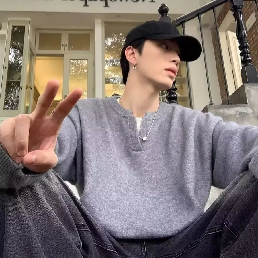 

Casual Henry Collar Knitwear Men's Base irt Sli Inner Wear Large Size Autumn Winter Polyester Fiber Long Sve Sweater