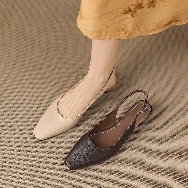 2026 new summer women sandals natural leather 22-24.5cm sheepskin square toe back-buckle low heel women shoes fashion