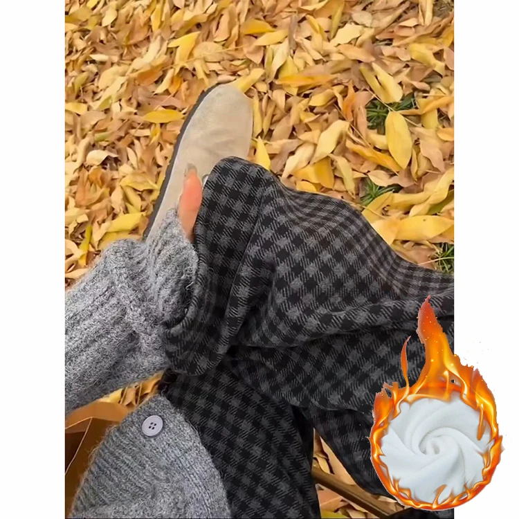 ay Retro Thiened Fce High Waist Plaid Wide Leg Pants Women's Autumn Winter New Sle Loose Fit High Waist Small Size