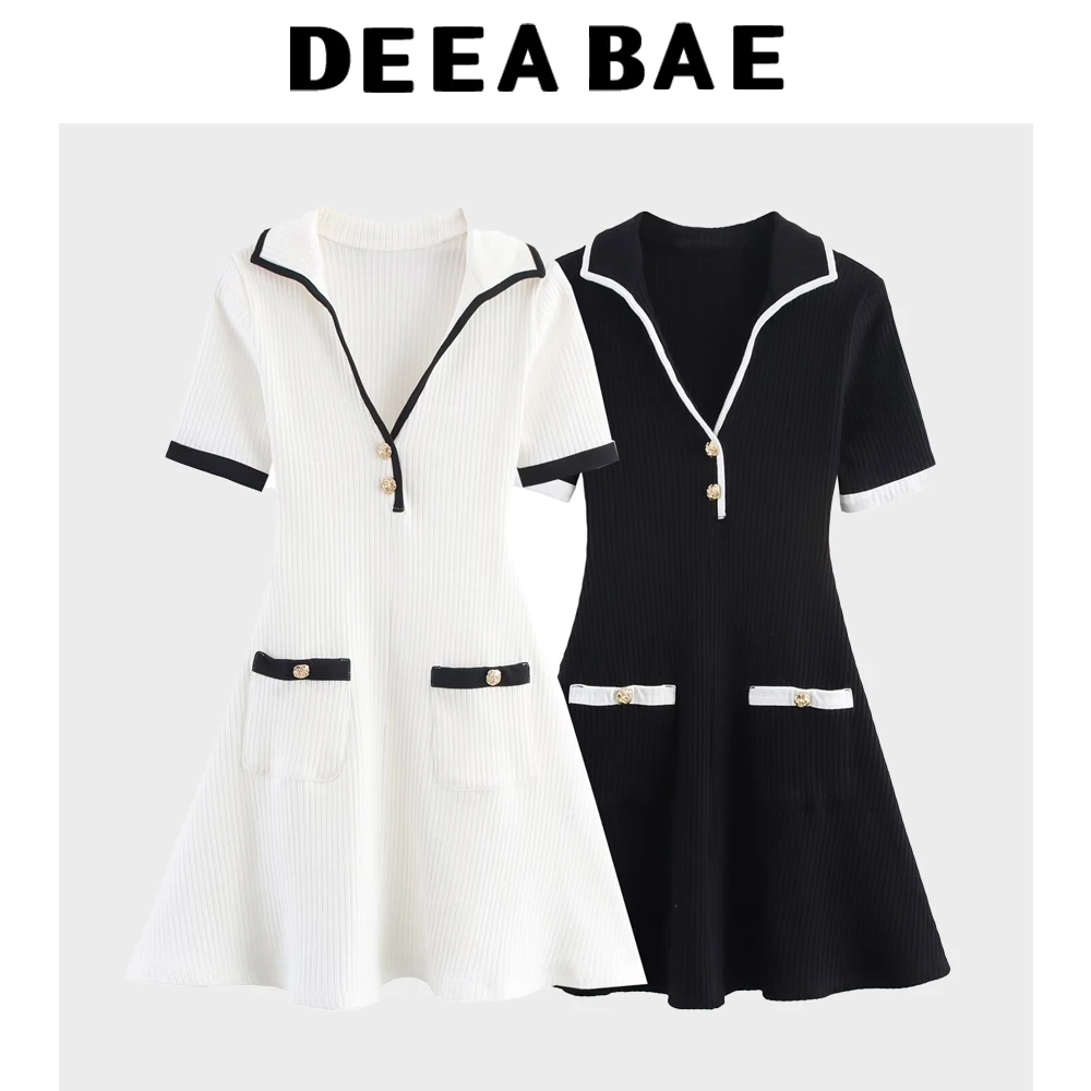 DEEABAE Autumn women's fashion temperament metal button ribbed contrasting color trim V-neck cinched waist dress