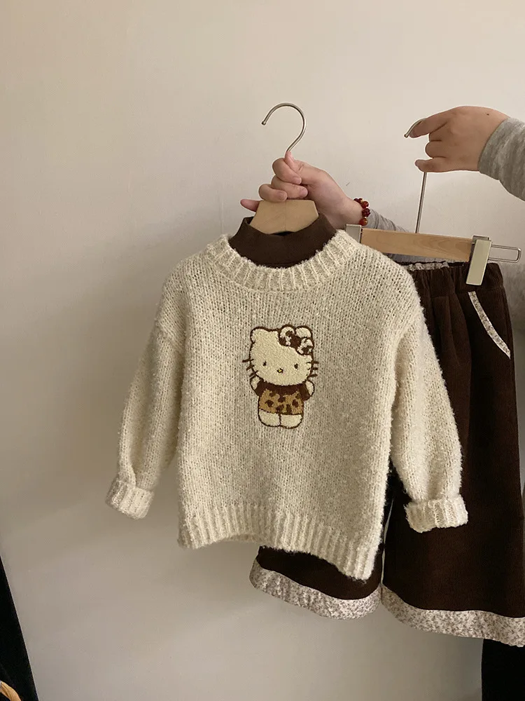 Leisure Suit2024Autumn and Winter New Cartoon Cat Knitted Sweater Solid Color Bottoming Shirt Fleece-lined Stitching Pants Fashi