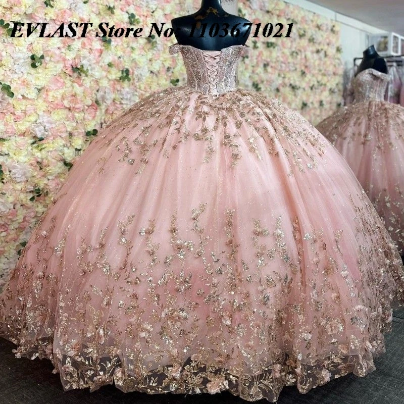 EVLAST Customized Pink Quinceanera Dress Ball Gown Gold Applique Beading Tiered Corset Sweet 16 Vestidos De XV 15 Anos SQ10