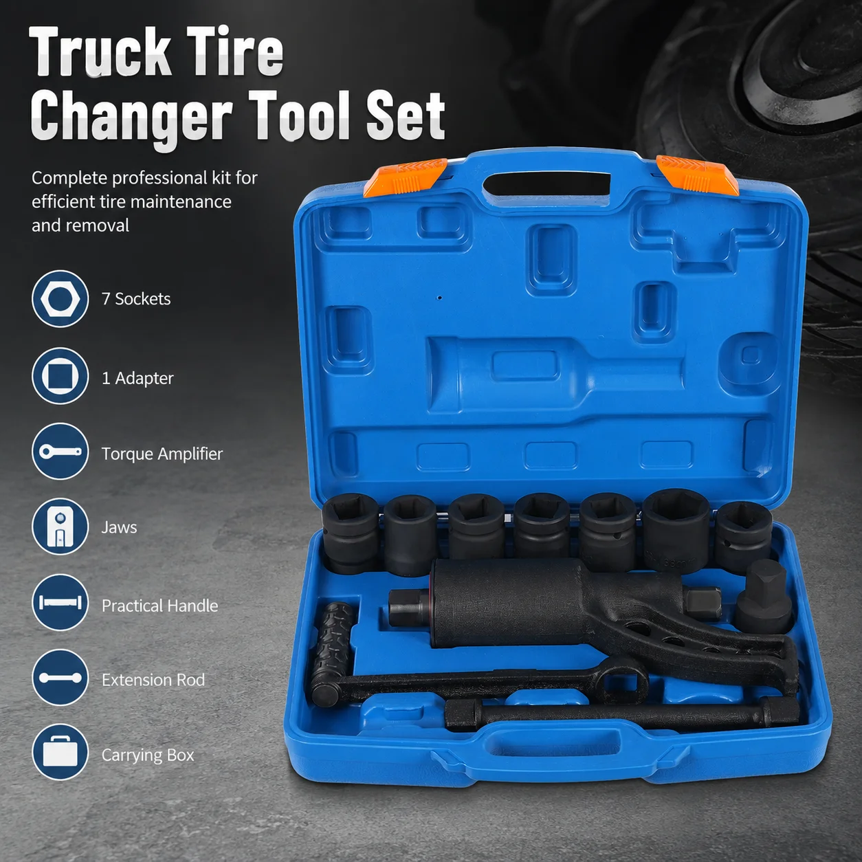 Kit d'outils de démontage de pneus de camion avec 7 douilles, 1 adaptateur, amplificateur de couple, mâchoires, poignée pratique, tige d'extension et boîte de transport pour l'entretien des véhicules