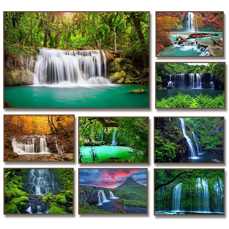 Landscape Posters Natural Waterfall Canvas Paintings Prints Wall Art Scenery Forest Picture for Living Room Cuadros Unframed