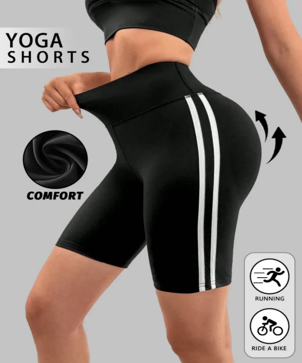 High Elastic Booty Lifting High Waist Yoga Shorts For Women Striped Side Quick Dry Tummy Control Gym Fitness Running Leggings