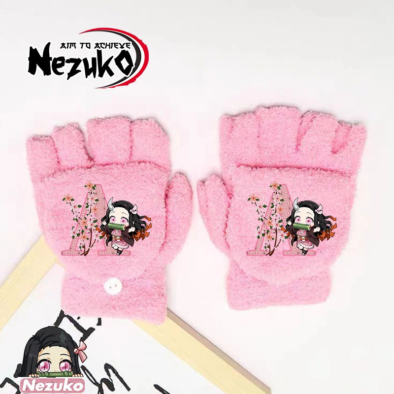 

Demon Slayer Gloves Girl Winter Kid Half Finger Flip Gloves Anime Nezuko Outdoor Accessories Mittens Children Xmas Birthday Gift