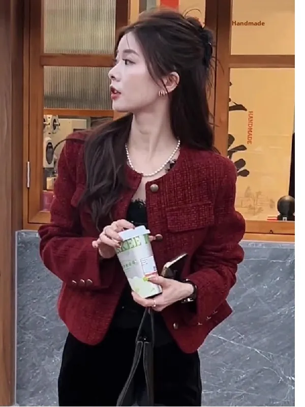 

Red Elegant Style Jacket Women's Fashionable Luxury Autumn Winter Short Outerwear Button Splice Long Sleeve round Neck