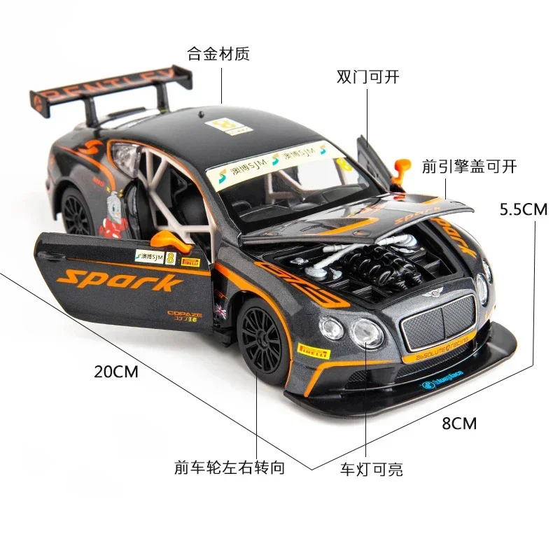 Modelo de carro de liga para Bentley Continental GT3, 1:24, dietas e veículos de brinquedo, som e luz, brinquedos puxados, presentes