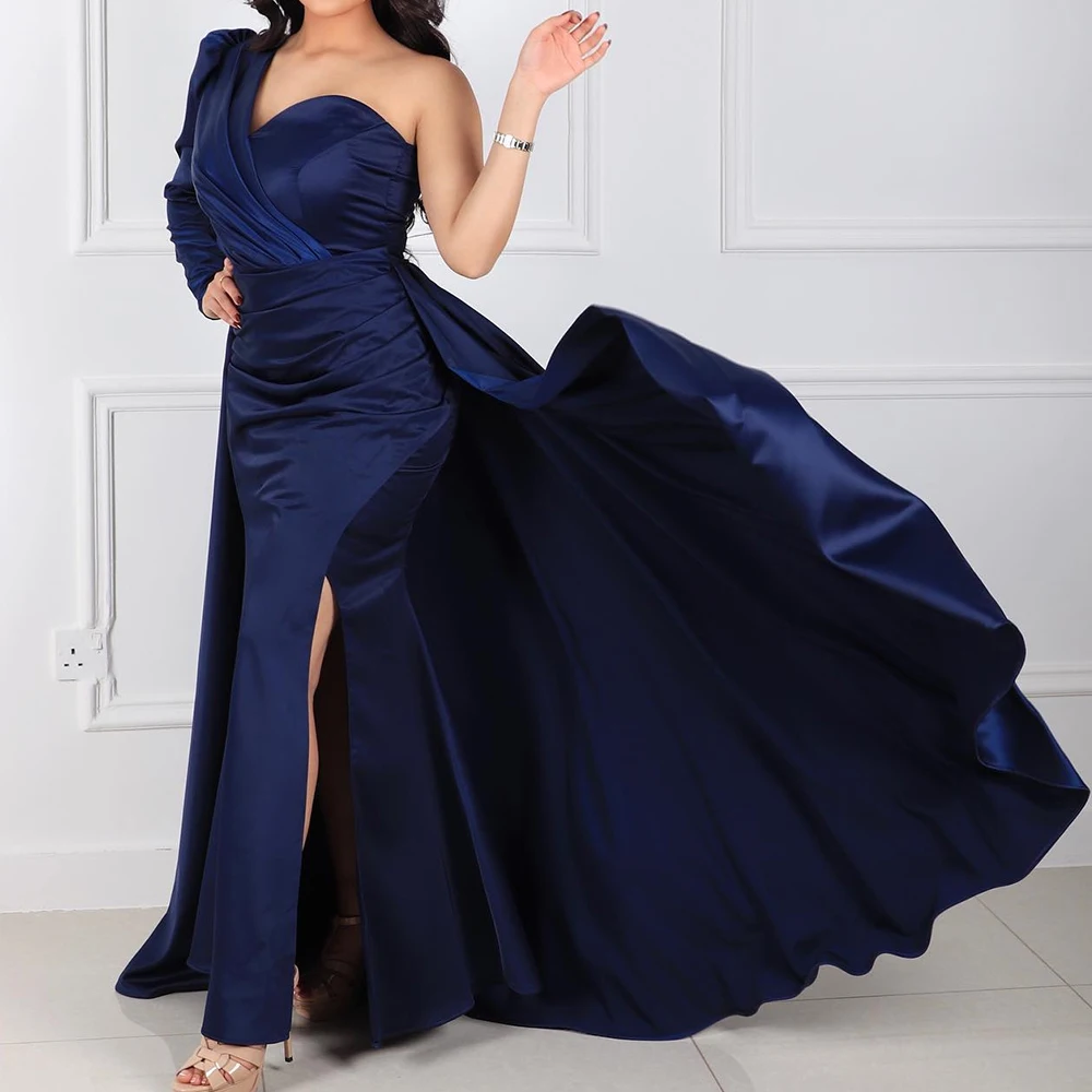 

Satin One Shoulder Long Sleeves Straight Ankle Length Evening Dress Classic Pleats Panel Train Bespoke Occasion Gowns Formal