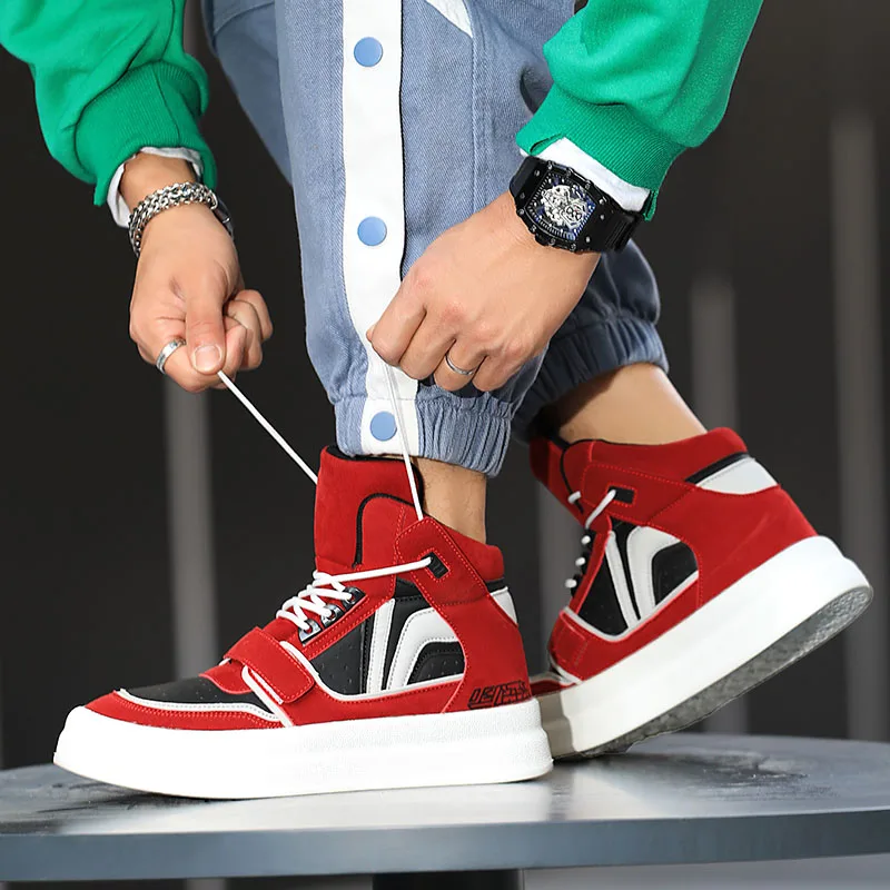 Tênis de cano alto masculino, confortável sapatos de plataforma, esportivo, skate, vermelho, moda, designer, inverno