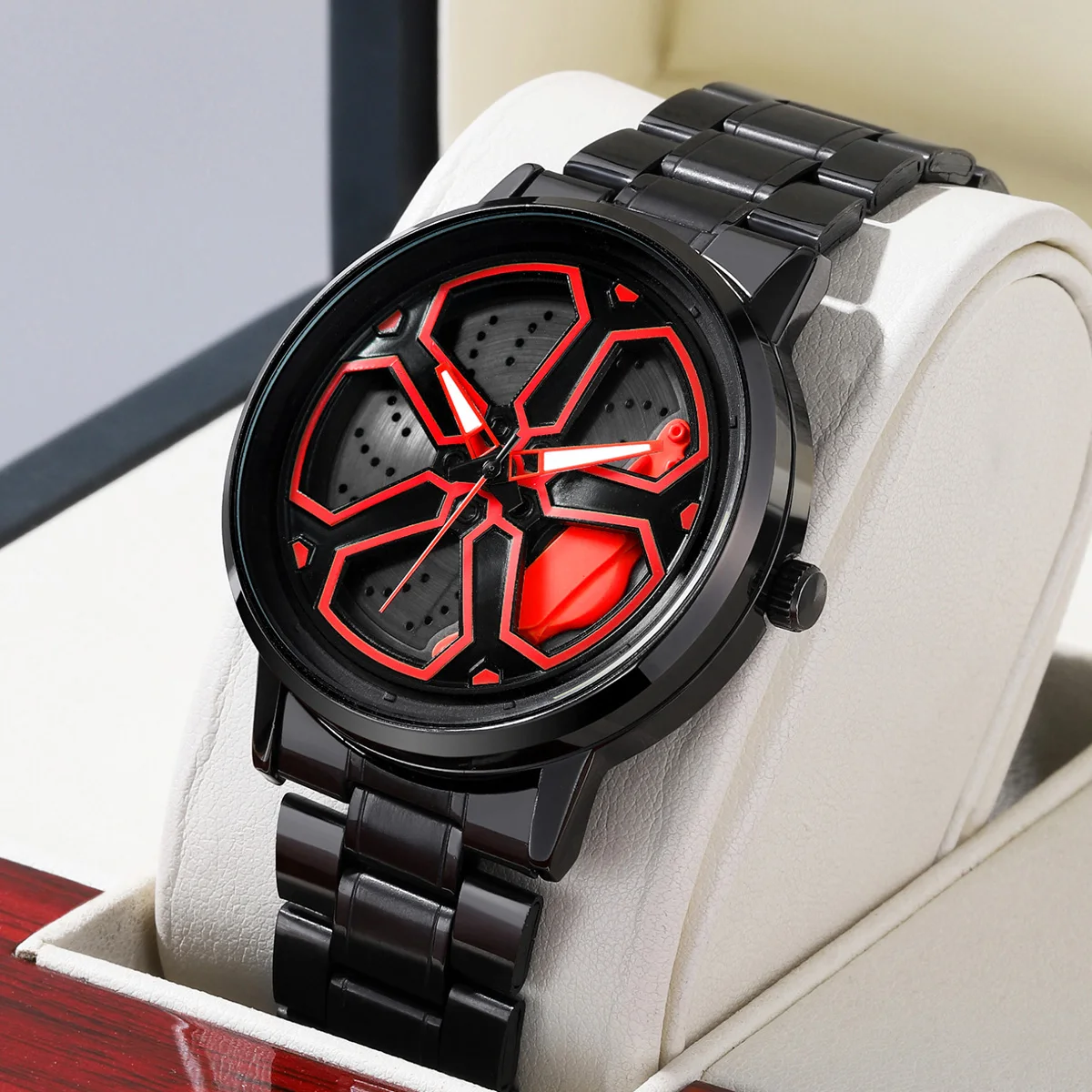 Original Wheel Rotating Men Watches Black Fashion Stainless Steel Strap Sports Man Clock 3Bar Quartz Movement Top Watch for Men image 6