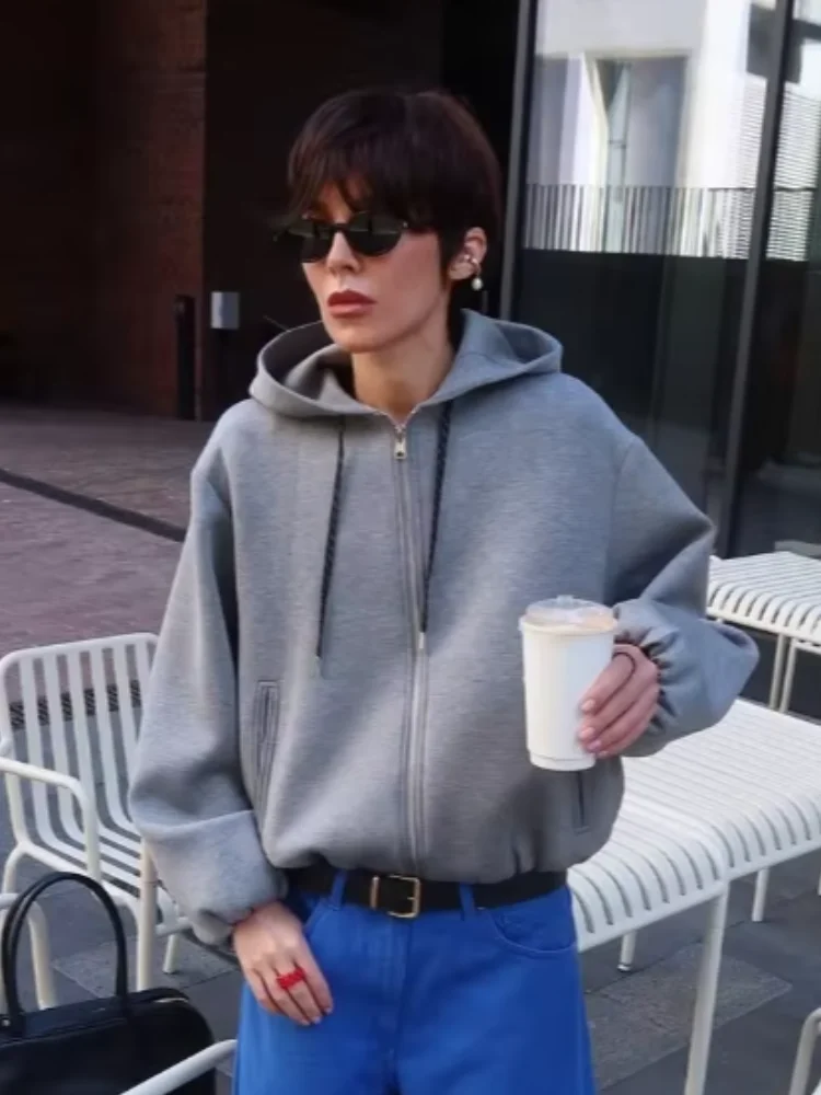 Lady Loose Fit Zip Up Hooded Jacket Drawstring Hood Long Sleeve Side Pocket Sweatshirt Autumn Winter Trendy  Street Outerwear