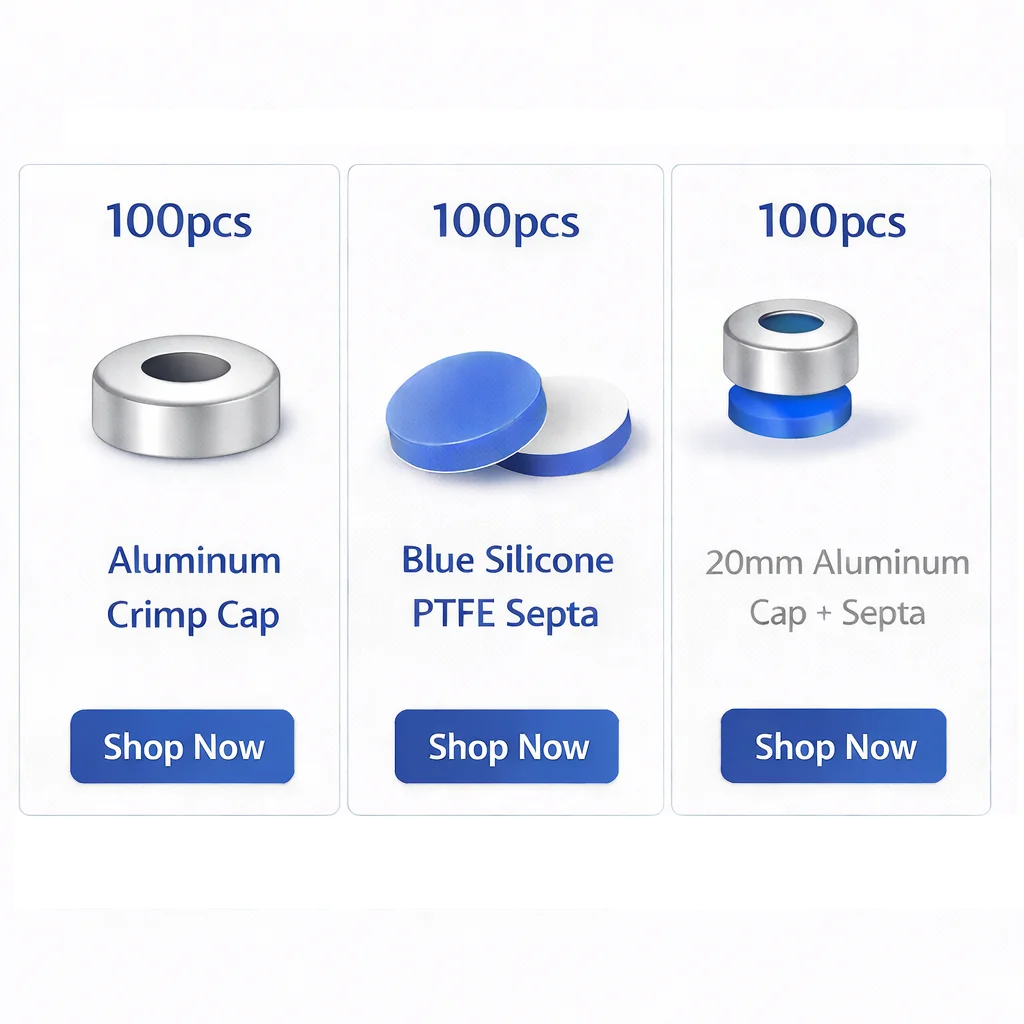 100 SZT. Aluminiowa Nakładka 20mm*3mm Biała PTFE / Niebieska Silikonowa Septa Zaciskana Górna 10mm Otwór Centralny Do Fiolki 20ml 100 Sztuk Uszczelka 20*3mm
