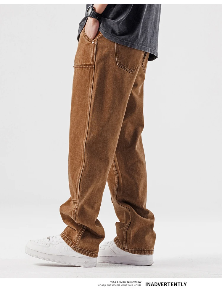 New Loose Brown Jeans for Mens Spring and Summer Straight Pocket Decorative Pants