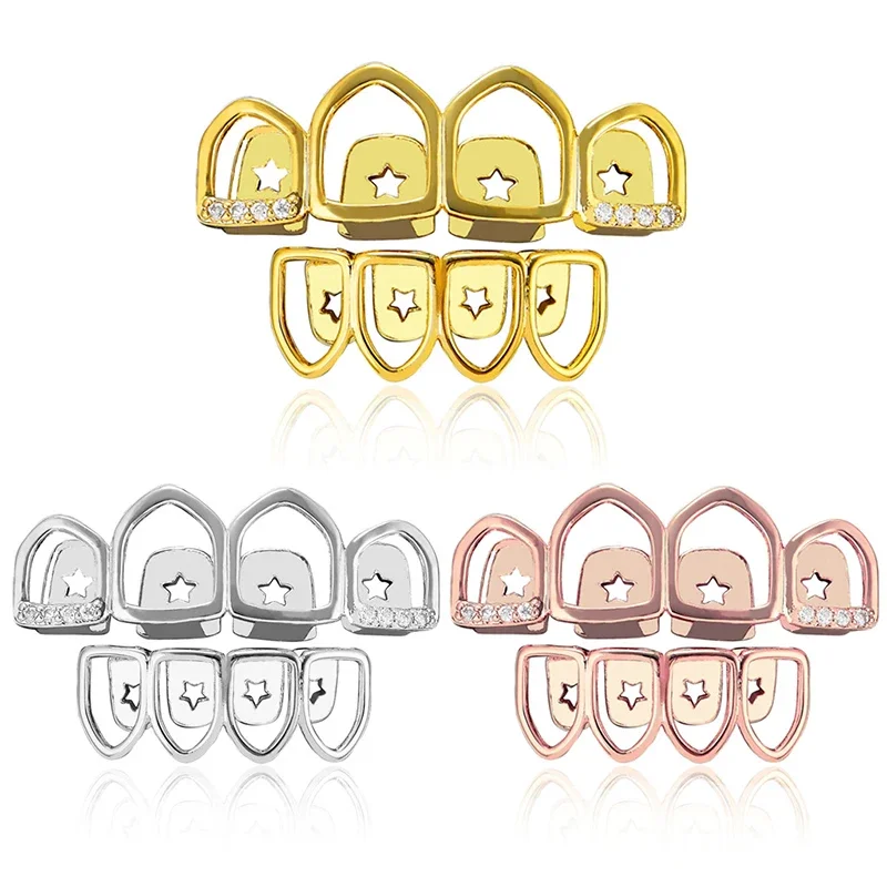 

Plated Gold 4 Teeth Grills Set, Diamond Grills Fangs Top and Bottom Open Face Star Mouth Grills Set for Men Women