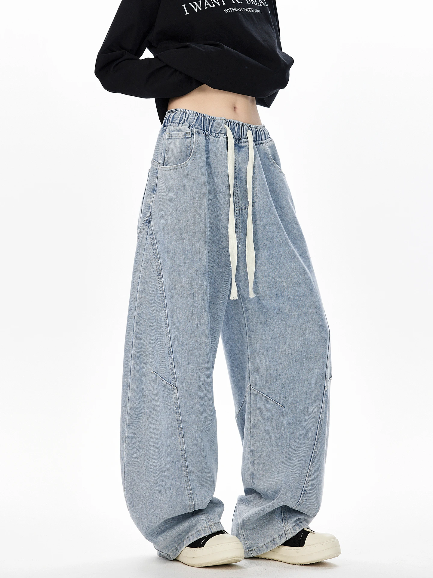 

Women's Drawstring Elastic Waist Wide Leg Jeans Autumn Trousers Cool Girl Bottoms Female High Waisted Vintage Unisex Pants