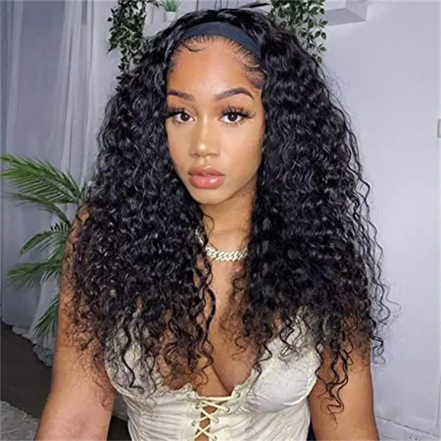 Water Wave No Glueless Human Hair Wigs Brazilian Deep Cruly Headband Wigs For Black Women Machine Made Cheap Wig